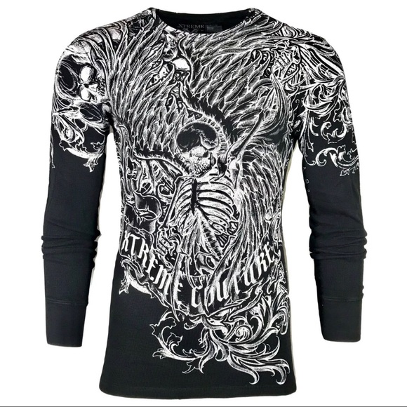 Xtreme Couture by Affliction Men's Thermal Shirt ACCUSER Skull Biker MMA Black - Picture 3 of 8